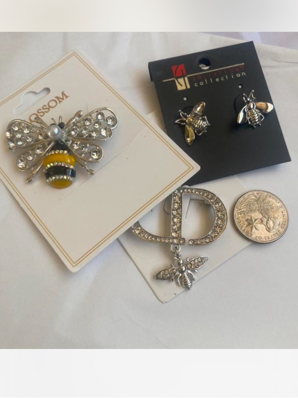 Bundle-Silver Bee Brooch with bee earrings and fashion Initial brooch with bee